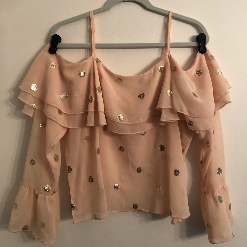 Blush Flutter Cold Shoulder Top with Gold Sequins